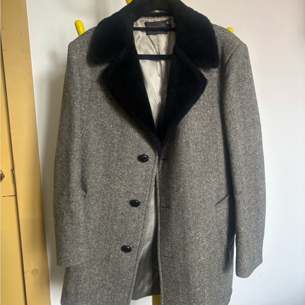 Pendleton Gray Herringbone Pea Coat with Black Faux Fur Collar